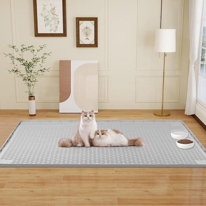 Bartuke Cat Food Mat, 50" x 35" Extra Large Silicone Pet Feeding Mat with Raised Edge Pet Placemat for Food and Water Bowl Non-Slip, Easy to Clean, Floor Protection (Grey)