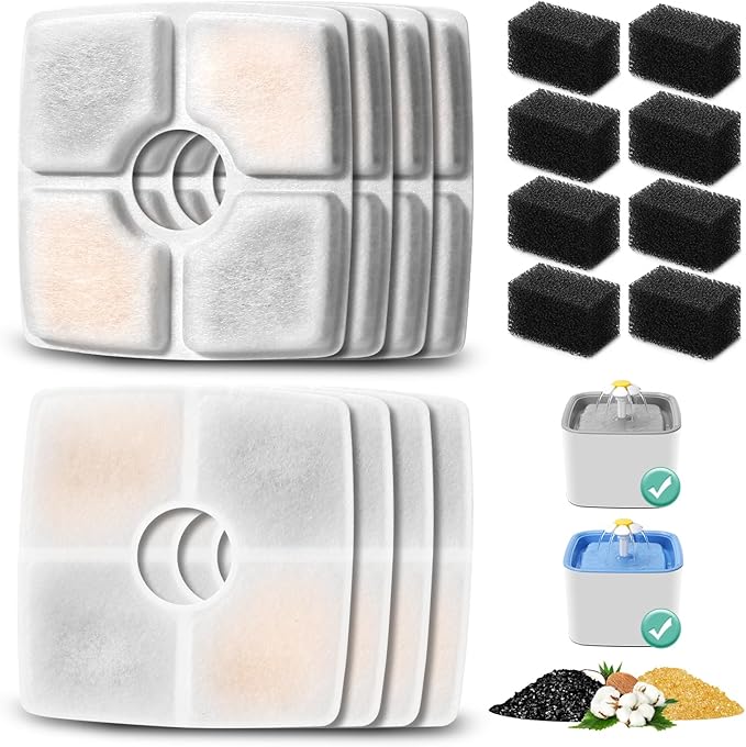 8 Pack Replacement Filters & 8 Pack Pre-filter Sponges for 84oz/2.5L Automatic Pet Fountain, BFLICROY Cat Water Fountain Filter, Triple Filtration Pet Fountain Replacement Filters