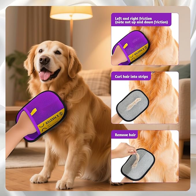 2 Pack Pet Hair Grooming Gloves – Upgraded Mesh + Brush Fabric, Washable Electrostatic Pet Hair Remover for Dogs & Cats – Reusable Glove for Carpet, Furniture, Clothes (Purple)