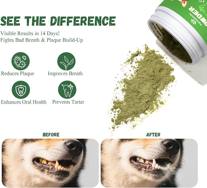 Dog Teeth Cleaning Powder, Dog Dental Powder for Teeth Cleaning and Dog Breath Fresh for Dogs with Probiotic & Tartar Remover, Plaque Off Dog Tooth Cleaning