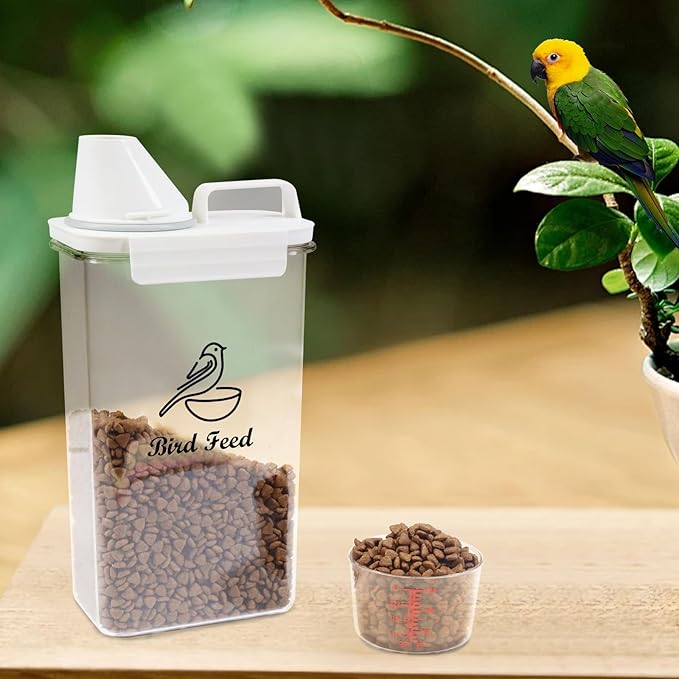 Brabtod Bird Seed Storage Container Airtight | 3 Qt/2.5 L Clear Plastic Bird Food Container Portable-with Measuring Cup/Lid|Pet Food Storage Container |Wild Bird Seed Dispenser|BPA Free