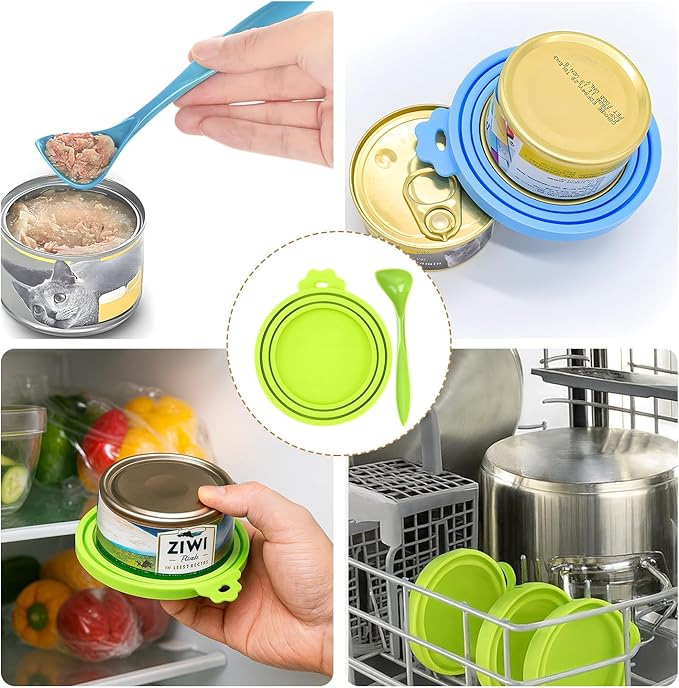 4-Pack Pet Food Can Lids, Silicone Dog Food Lids for Cans, Universal Wet Cat Food Lid Covers, Leakproof Reusable Plastic Can Covers, One Fits 3 Standard Sizes with Matching Scoops, Multicolored