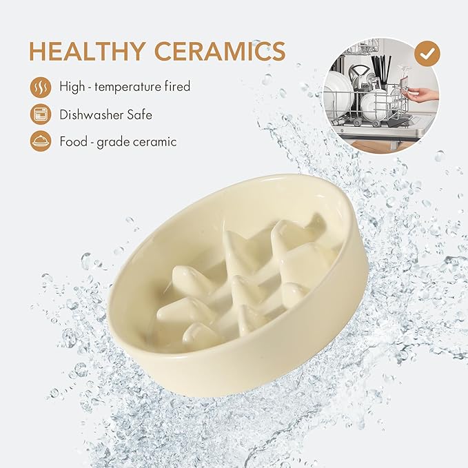 Ceramic 0.9 Cup Dog Bowl Slow Feeder, 6.1inch Slow Pet Food Dish for Small Dog and Cat, Stop Bloat, Preventing Choking(Single Bowl, Beige)