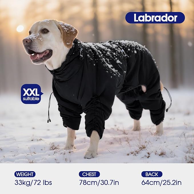FUAMEY Full Body Dog Coat,Warm Dog Fleece Jackets with Harness Built in Windproof Dogs Snowsuit Zip up Pet Four Legged Pets Jumpsuit Winter Outfit Cold Weather Coats for Extra Large Dogs Black XXL