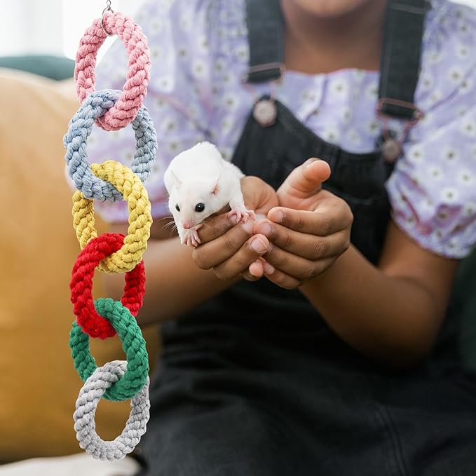 Sugar Glider Toys, Hanging Cotton Rope Ring Climbing Toy for Little Pet, Rat Toys, Sugar Glider Cage Accessories, Exercise Toys for Sugar Glider, Rat, Squirrel, Bird, Other Little Climber (Short)