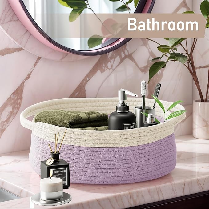 JMvicyroam Woven Basket,Small Rope Storage Bin with Handles & Ribbon Bag, Organizer for Shelves Closets,Gift Basket Empty for Birthday,Books,Dog Toys, White&Purple/2 Pack
