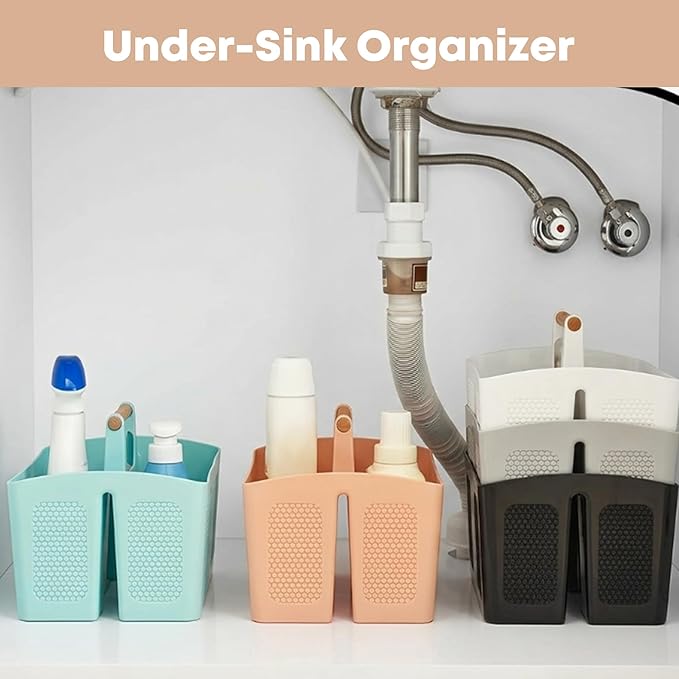 Haundry Plastic Shower Caddy with Wooden Handle, Portable 3-Compartment Bathroom Organizer Basket with Drainage Holes, Quick Dry Shower Basket for Dorm, College, Cleaning Supplies