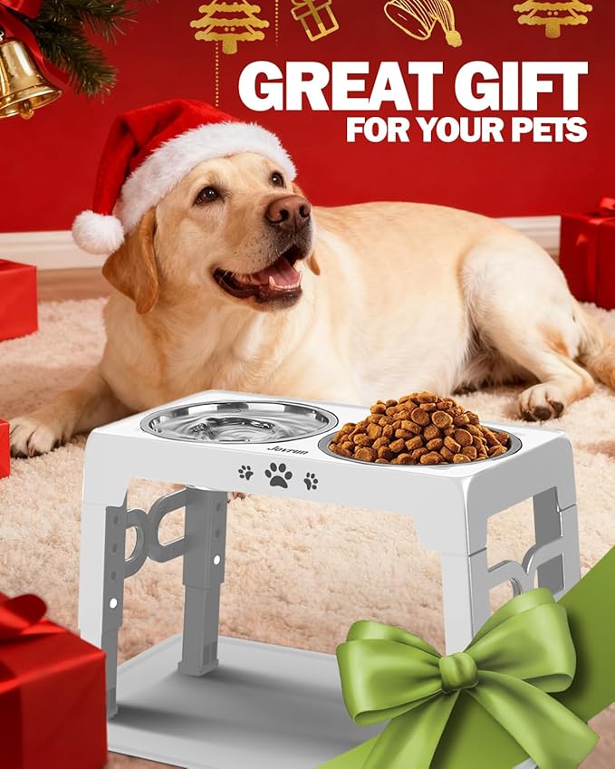 Jovrun Elevated Dog Bowls, Dog Feeder with Stainless Steel Dishes & Slow Feeder Bowl, 5 Heights Adjustable Raised Stand for Medium Large, Food Dishes with Non-Slip Feet
