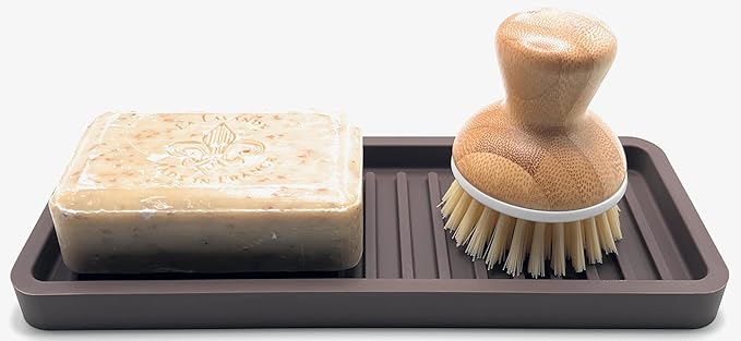 Happitasa Silicone Kitchen Sink Organizer Tray, Sponge Holder and Countertop Protector | Bathroom and Kitchen Soap Dish and Dispenser Tray (Dark Chocolate, 9"x3.5")