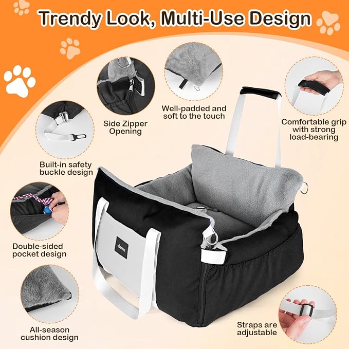 Dog Car Seat for Small Dogs – Pet Safe Soft Booster Car Seat with Side Flaps, Nonslip Base & Clip-On Leash, Storage, Portable Travel Bed Puppy Bags for Outdoor, Holds Up to 25 lbs, Black