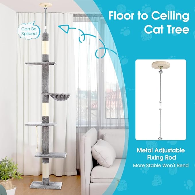 Cat Tree 5-Tier Floor to Ceiling Cat Tower with Cozy Hammock, 89-109 Inch Adjustable Height, Sisal Cat Scratching Post Provide Cats Vertical Enrichment to Jump and Climb, Gery
