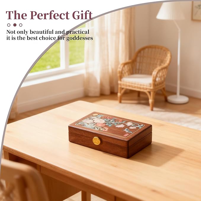 Travel Jewelry Case Small Wood Jewelry Organizer Jewelry Box for Women (Nut-Brown Print E)