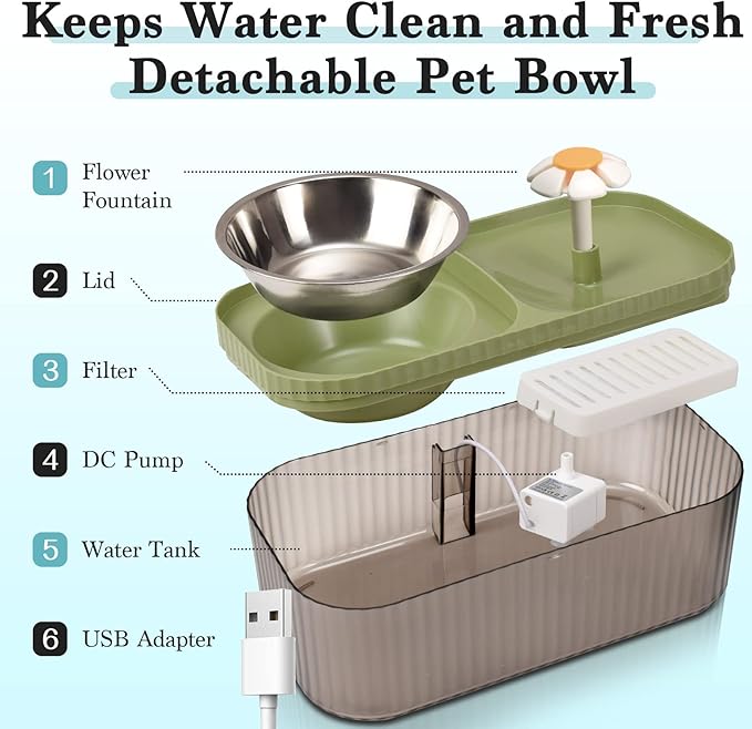 TODDLT Water Fountain for Cats Inside, Cat Feeding & Watering Supplies, Super Quiet Automatic Pet Water Dispenser 100oz/3L with Stainless Steel Cat Bowls and Long Life Span Pump