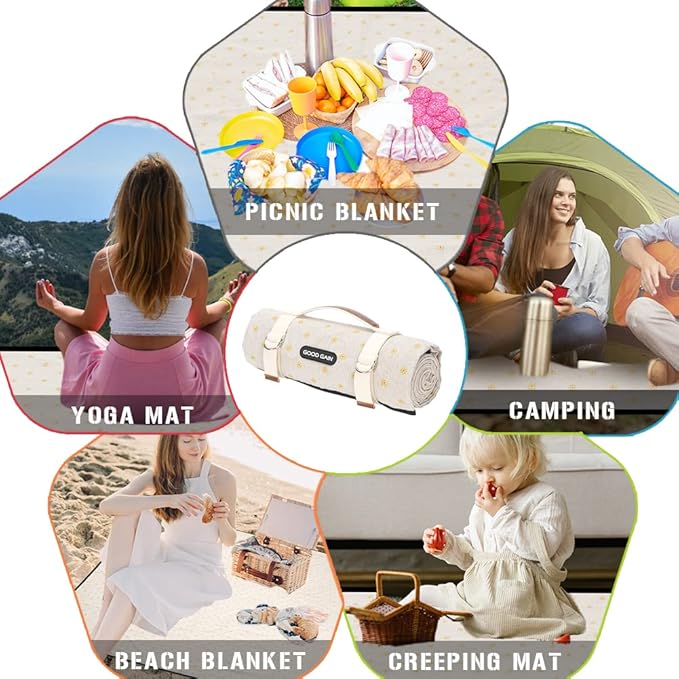 Picnic Outdoor Blankets Waterproof Large - Beach Mat Sand Free Foldable with Carry Strap | Portable Camping Blanket | Park Blanket for Grass Park, Hiking, Travel, Concerts, Indoor (Yellow Flower)