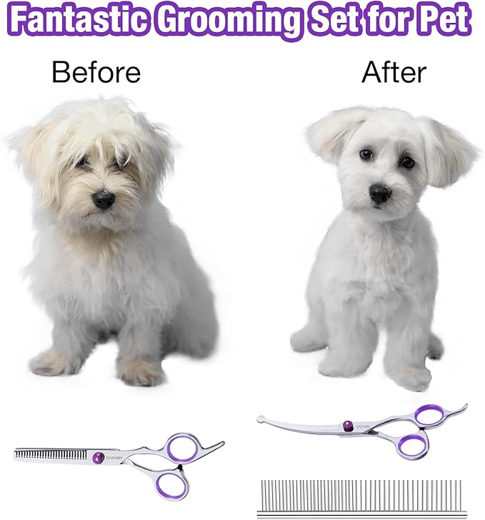 CADABY Professional Dog Grooming Scissors with Safety Round Tips, 3 in 1 Dog Grooming Scissors Kit, 4CR Stainless Steel Pet Grooming Shears, Sharp and Sturdy, Purple