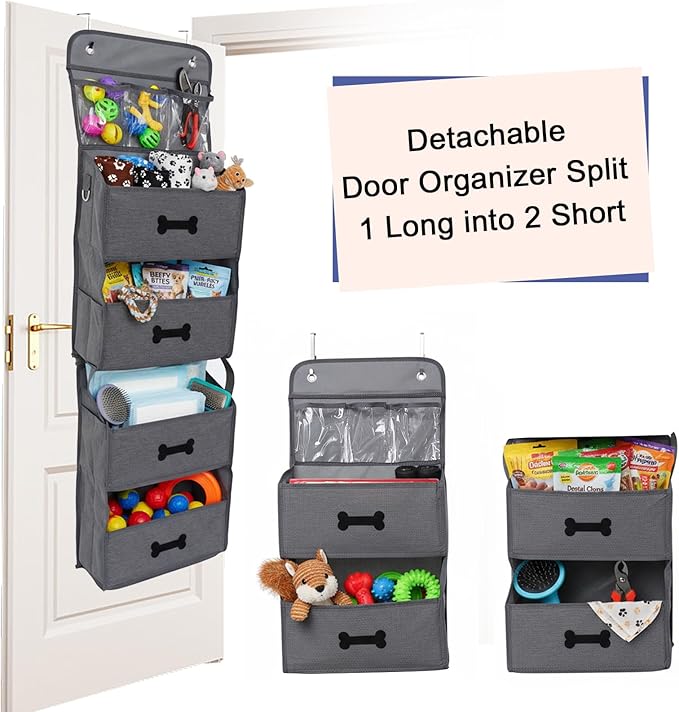 4-Shelf Dog Storage Organizer for Dog Toys,Over Door Basket for Pet Stuff with 2 Metal Hooks,4 Large Pockets for Dogs Leash,Harness,Toys,Treats-with DIY Tag-48''(Height)-Grey 