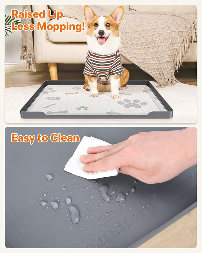 Aisslro Pet Feeding Mat, 27”x27” Absorbent Pet Placemat for Food and Water Bowl, Non-Slip Silicone, Leak-Proof Floor Protection for Quick Dry Water Dispenser Mat for Dog and Cat, Grey