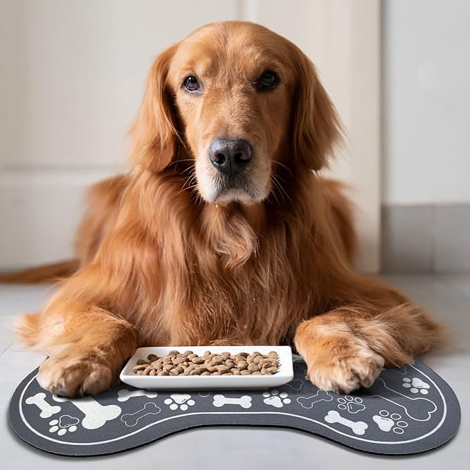 Dog & Cat Food Mat Bone Shaped Pet Feeding Mat Quick Absorb Water Bowl Placemat with Rubber Backing Indoor Floor Stain Resistant Pet Accessory Supplies (Dark Gray Small, 12x18 Inches)