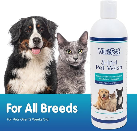 VLUEPET | Pet Wash - Gentle Solution for Cleans, Conditions, Deodorizes, Detangles and Hair Moisturizes with Oatmeal & Aloe Formula- Itchy Skin Relief- Sulfate Free, Plant Based, All Natural- 16 fl oz
