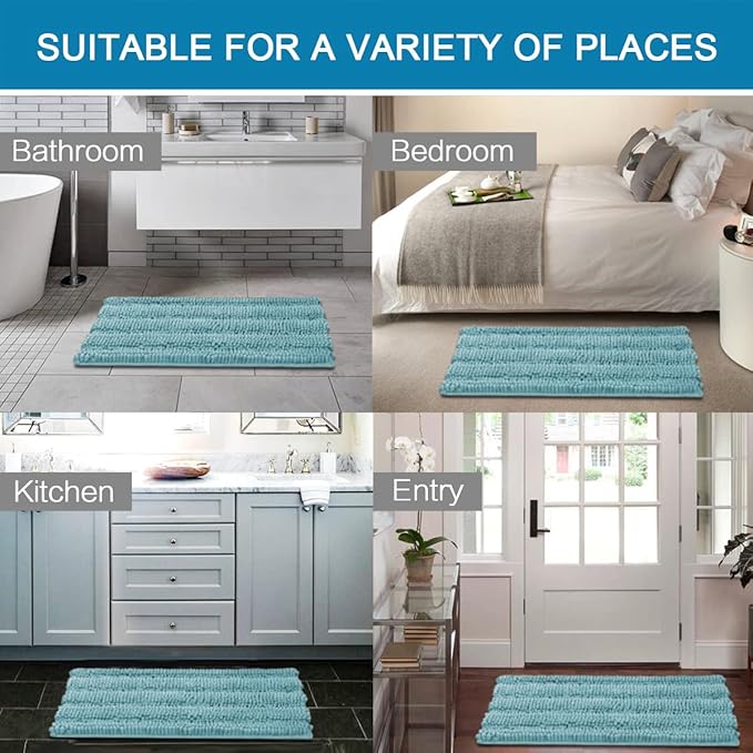 H.VERSAILTEX Bath Rugs for Bathroom Non Slip Bath Mats Extra Thick Chenille Striped Rug 20" x 32" Absorbent Non Skid Fluffy Soft Shaggy Washable Plush Mat for Indoor, Bath Room, Tub - Aqua Haze