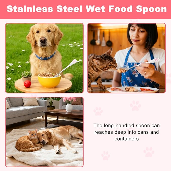 4 Pcs Cat Food Lid and Spoon Set, Silicone Pet Food Can Covers with Multi-Function Spoon Opener, Stainless Steel Wet Food Spoon & Cat Bar Squeezer for Pet Cat Dog Feeding Wet Foods Storage Organizer