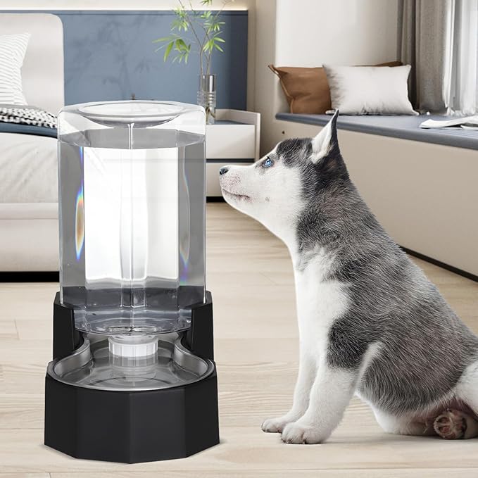 Sfozstra Dog Water Bowl Dispenser: 7L Large Black Gravity Stainless Steel Bowl - with Specialized Brush - Pet Feeder for Pets with Spinal Problems - Use in Garage Garden