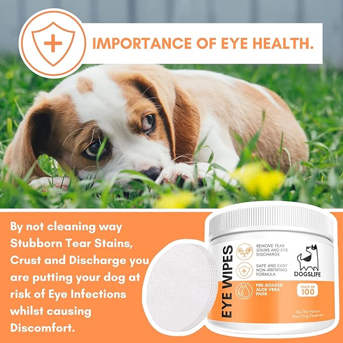 Dog Eye Wipes – Tear Stain Remover for Dogs & Puppies – 100 Aloe Vera Pet Eye Wipes – Gentle Eye Discharge & Crust Cleaner – Safe & Hypoallergenic Dog Eye Cleaning Pads
