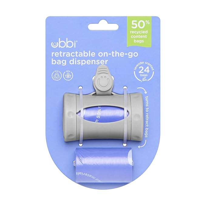 Ubbi Retractable On the Go Bag Dispenser for Travel, Diaper Bag Accessory Must Have for Newborn, Helpful Item, Baby Gift, Lavender Scented, Gray