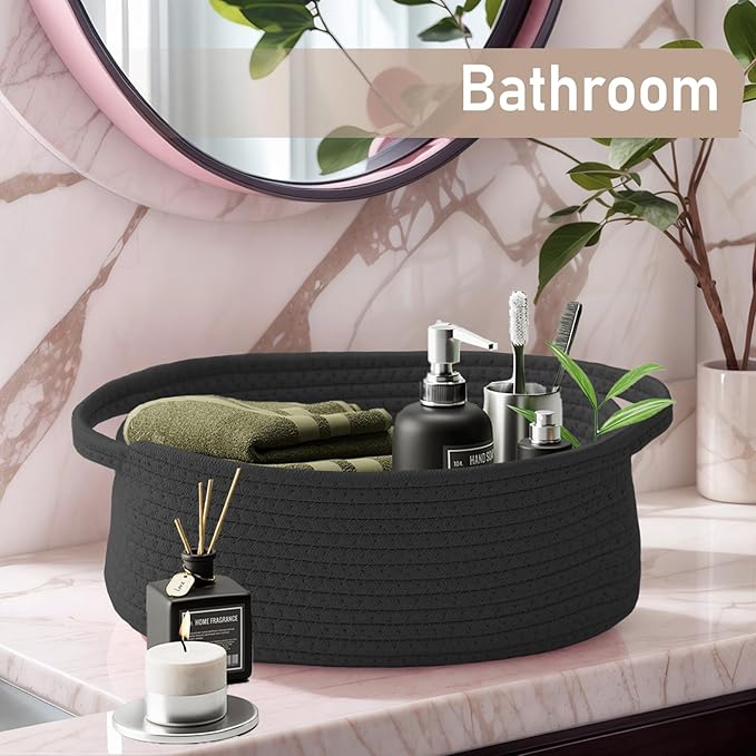 JMvicyroam Woven Basket,Small Rope Storage Bin with Handles & Ribbon Bag, Organizer for Shelves Closets,Gift Basket Empty for Birthday,Books,Dog Toys, Black