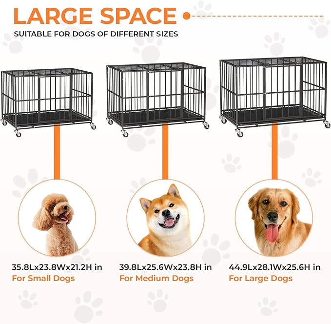48 in Heavy Duty Dog Crate Steel Escape Proof, Indoor Double Doors and Lockable Wheels,Removable Tray, for Extra Dog Breeds,XL,XXL