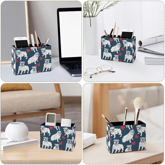 Famame English Bulldog with Hearts Pencil Holder for Desk, Leather Desktop Container Pen Cup Storage Study Table Pen Organizer Makeup Brush Holder for Classroom Office Home