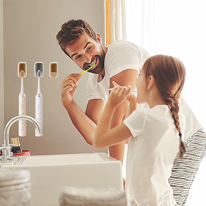 3 Pack Toothbrush Holders for Bathroom, Self Adhesive Wall Mounted Toothbrush Holder with Cover, Single Toothbrush Dispenser Storage Organizer for Family, Travel, Waterproof and Dustproof (Brown)