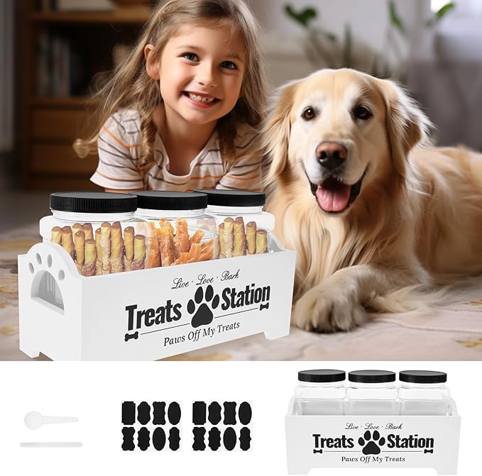 KarHoeGern Dog Treat Container for Countertop Dog Food Storage with 3 Plastic Treat Jars Wood Dog Food Container with Handles and Lids Farmhouse Practical Pet Cat Dog Treat Storage Containers (white)