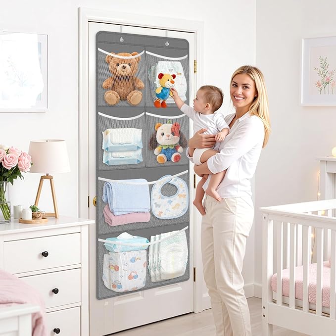 Stuffed Animal Storage - Large Over the Door Organizer with 6 Expandable Mesh Pockets & Metal Hooks, Non-Woven Fabric Hanging Plush Items Holder for Nursery, Bedroom, Playroom (Gray)