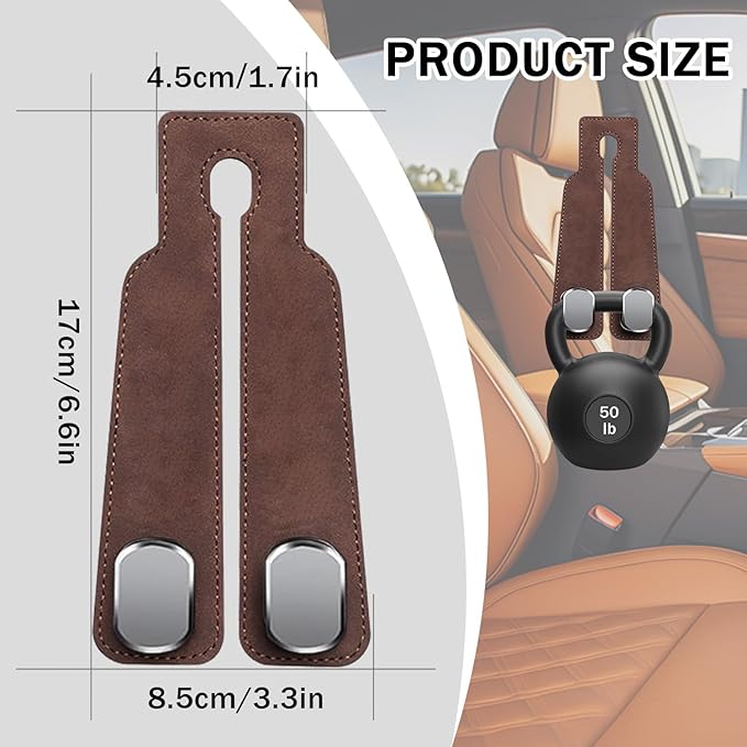 2 Pack Car Seat Back Storage Hook, Headrest Hooks for Car with Metal Hooks, Premium Suede Leather Car Headrest Hooks Universal Car Seat Hooks for Purses, Bags & Groceries(Brown)