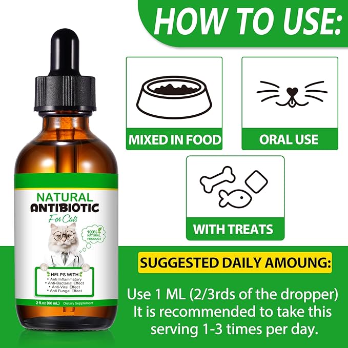 Antibiotics for Cats Supports Immune & Allergy Relief 60ml, Natural Cat Antibiotics Liquid Drops - Fast Absorption, Digestive Aid, Urinary Tract, Skin, Ear & Dental Infection.
