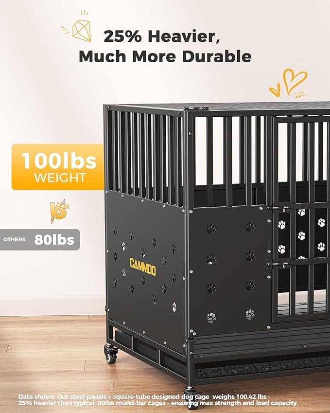 48'' Heavy Duty Dog Crate for Large Dogs, – Upgraded Chew-Proof Panels, Comfort-Widened Floor Panel, Dog Kennel Indoor, Adjustable Internal Height, Easy-Access Wide Door, 4 Lockable Wheels