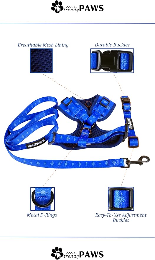 TrendyPaws Dog Harness, Collar and Leash Set, Breathable Mesh, S/M/L Sizes (Cobalt, Large)