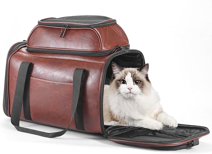 Bosnanller Premium Leather Top Expandable Pet Carrier for Small Dogs & Cats Under 15 lbs, Airline Approved Collapsible Soft-Sided Luxury Travel Bag Coffee
