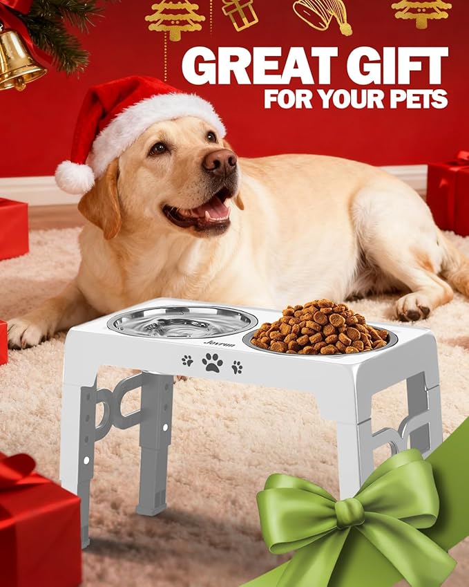 Jovrun Elevated Dog Bowls, Dog Feeder with Stainless Steel Dishes & Slow Feeder Bowl, 5 Heights Adjustable Raised Stand for Medium Large, Food Dishes with Non-Slip Feet