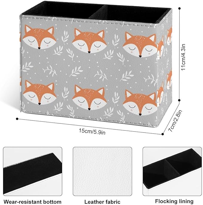Famame Foxes Head Leaves Cartoon Pencil Holder for Desk, Leather Desktop Container Pen Cup Storage Study Table Pen Organizer Makeup Brush Holder for Classroom Office Home