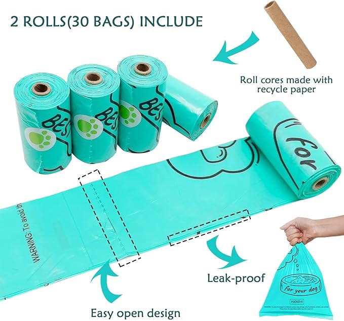 Dog Poop Pickup Bags Holder Dispenser with Standard-Sized Leak-Proof Scented Doggy Waste Bags and Carabiner Hook and Loop Fastener Never Loose on Leash Lead Again (2 Holder 30 Bags, Purple)