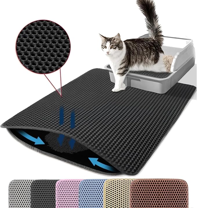 Small Cat Litter Mat, 20x14 Inches Double Layer Honeycomb Cat Litter Trapping Mat, Non Slip Waterproof Urine Proof Litter Box Mat for Floor, Kitty Litter Rug, Pet Supplies, Black