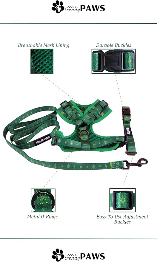 TrendyPaws Dog Harness, Collar and Leash Set, Breathable Mesh, S/M/L Sizes (Emerald, Large)