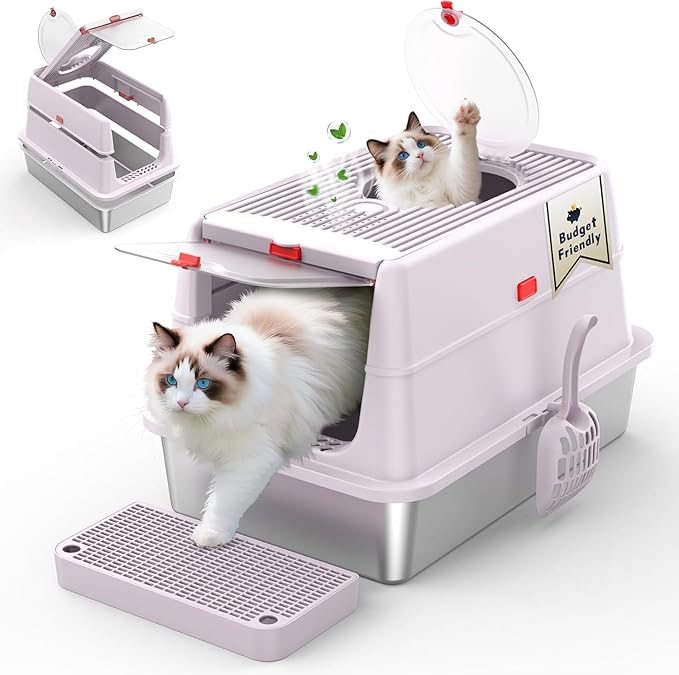 Stainless Steel Cat Litter Box with Lid, 180° Flip Top Kitty Litterbox, XL High Sided Enclosure Litter Pan for Big Cats, Front & Top Entry, Anti-Leakage, Odor-Free, Includes Scoop Mat, Purple