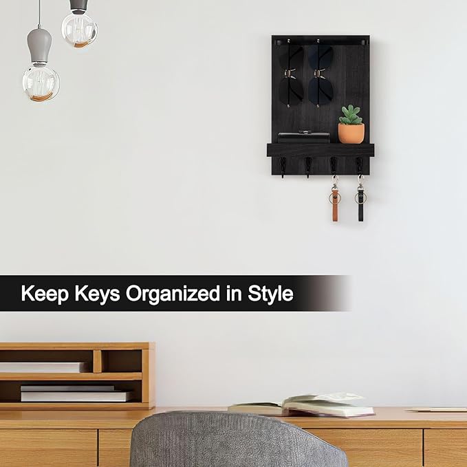 Lucundm Key Holder Wall Mount, Key Holder for Wall with 4 Hooks, Farmhouse Key Hanger Holds Dog Leash, Sunglasses – Decorative Mail Organizer Home Decor (Black)