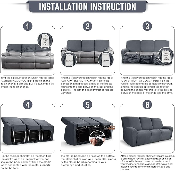 TAOCOCO Recliner Sofa Covers 8-Pieces Stretch Large Couch Covers for 3 Seats Reclining Slipcovers Soft Jacquard Pattern Furniture Protector (Grey)
