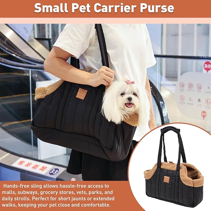 ETIAL Small Dog Carrier Purse, Winter Fleece Warm Dog Tote Bag Carrier with Secure Harness Clip for Puppy Kitten, Waterproof Pet Travel Handbag for Shopping, Hiking and Walking (Beige)