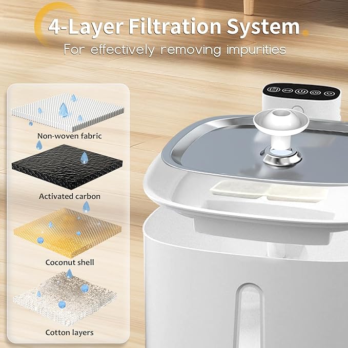 Cat Water Fountain for Drinking with Stainless Steel Lid, Pet Water Fountains 3.2L/108 OZ Automatic Water Dispenser Bowl with Filter Pump Spout for Indoor Pets, Rechargeable