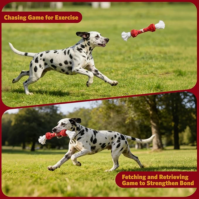 KGPERGU Interactive Tug of War Dog Toy, Durable Teeth Cleaning Chew Toy, Outdoor Fetch and Retrieve Dog Toy, Natural Rubber Bone with Cotton Tassels for Medium and Large Dogs, Cream Scented, Red/White
